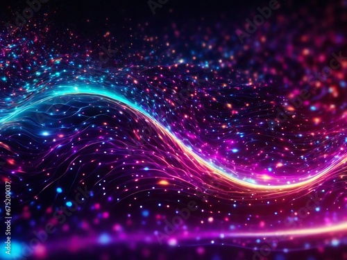Futuristic digital neon flowing particles wave and sparkling light abstract background. A Generative AI Digital Illustration.