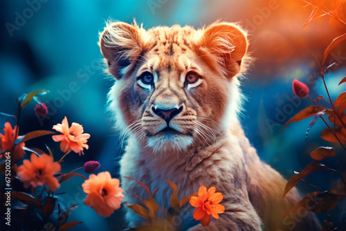 view of a lion among colorful flowers