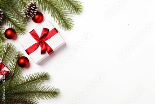 christmas flatlay with gift box, fir tree, balls and cones on white background. Generative AI