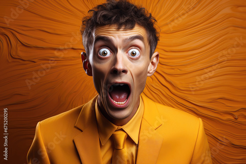 surprised happy funny man freak in a suit with an open mouth on an orange background with a space copy photo