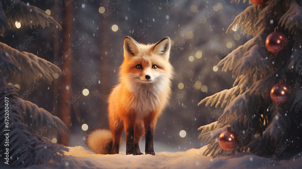 A cute fox with on against the backdrop of a night fabulous winter, snowy forest with Christmas tree, decorations, bokeh and copy space. Christmas greeting card. 3D