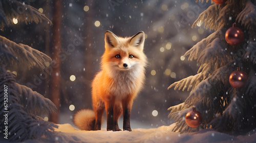A cute fox with on against the backdrop of a night fabulous winter, snowy forest with Christmas tree, decorations, bokeh and copy space. Christmas greeting card. 3D © Tetiana