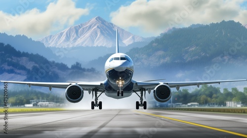 Vibrant commercial airplane taking off on airport runway, engines roaring, leaving a trail of smoke. Sleek body, prominent wings, retractable landing gear. Clear blue sky, lush green grass