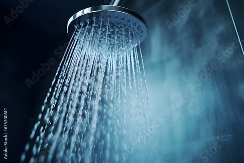 Close up of shower head with running water photo
