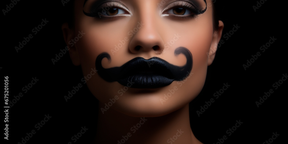 Fototapeta premium a woman made a fake mustache out of paint on her lips, in the style of graflex speed graphic, masculine, solid color background. movember concept