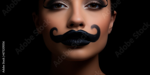 a woman made a fake mustache out of paint on her lips  in the style of graflex speed graphic  masculine  solid color background. movember concept