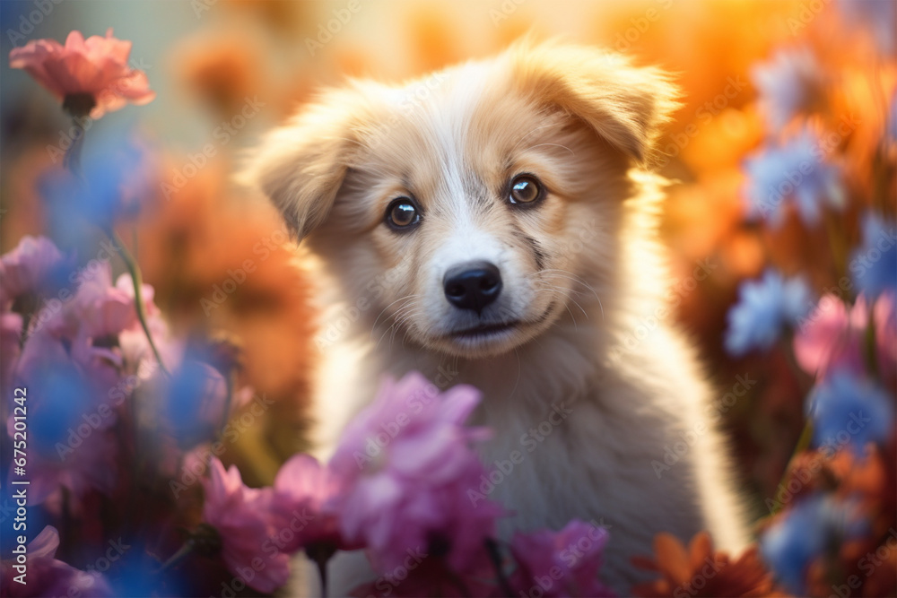 view of a dog among colorful flowers