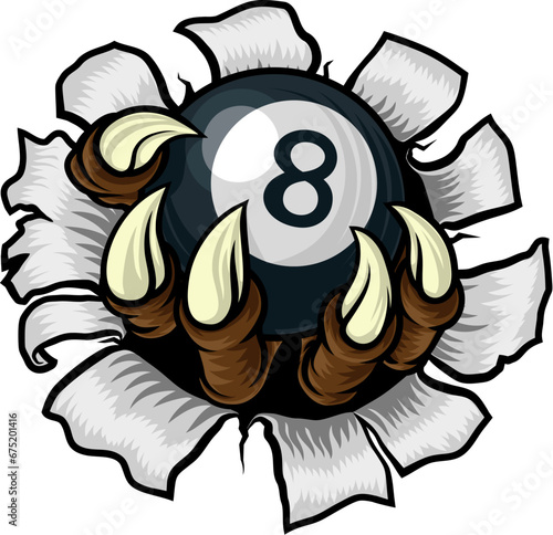 A pool black eight ball claw sports illustration of an eagle or animal monster hand holding ball