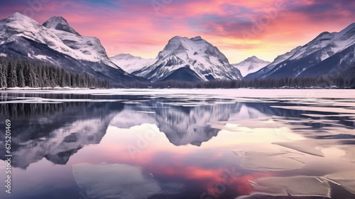 Winter wonderland with a frozen lake, snow-covered mountains, and vibrant twilight sky. Majestic, towering peaks glisten in the sunset, showcasing breathtaking hues of fiery oranges and deep purples