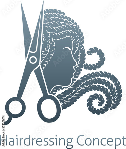 Hairdresser or hair salon concept icon with silhouette black woman face in profile and hairdressers scissors