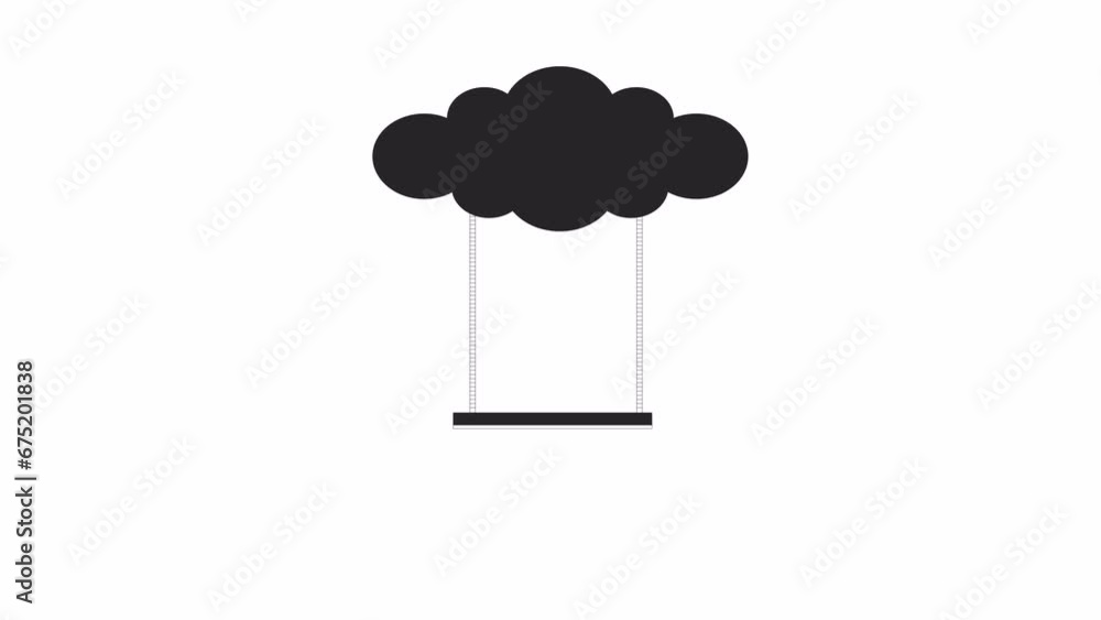 Swing hanging from cloud bw outline 2D object animation. Surreal recreation playground monochrome linear cartoon 4K video. Activity imagination fantasy animated item isolated on white background