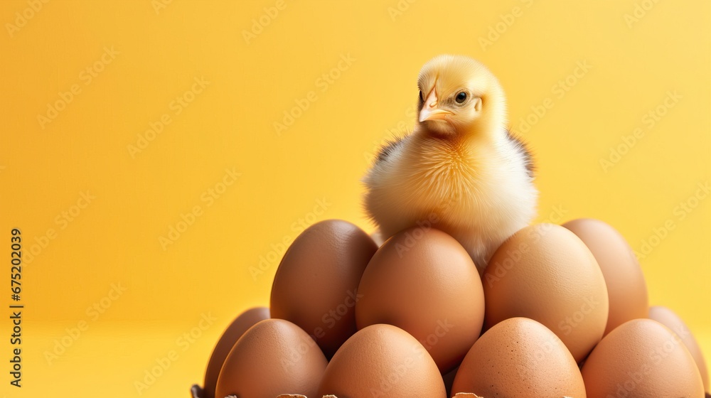 Easter chicken and eggs on yellow background. Easter holiday concept Easter chicken and eggs on yellow background. Easter holiday concept