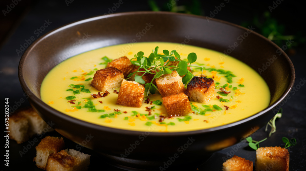 Celery soup with turmeric and croutons