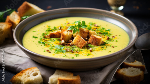 Celery soup with turmeric and croutons