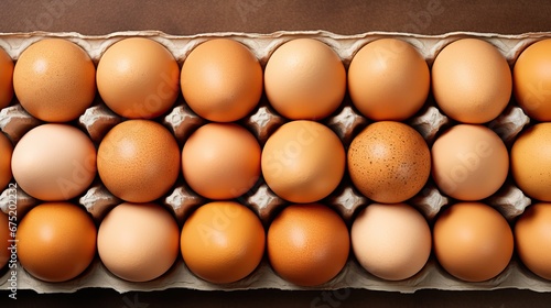 Eggs in a cardboard box on a wooden background, top view