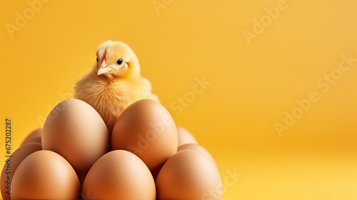 Easter chicken and eggs on yellow background. Easter holiday concept © ffunn