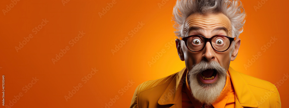 surprised happy funny old man in glasses with mouth open on an orange background with a copy space surprised happy funny old man in glasses with mouth open on an orange background with a copy space