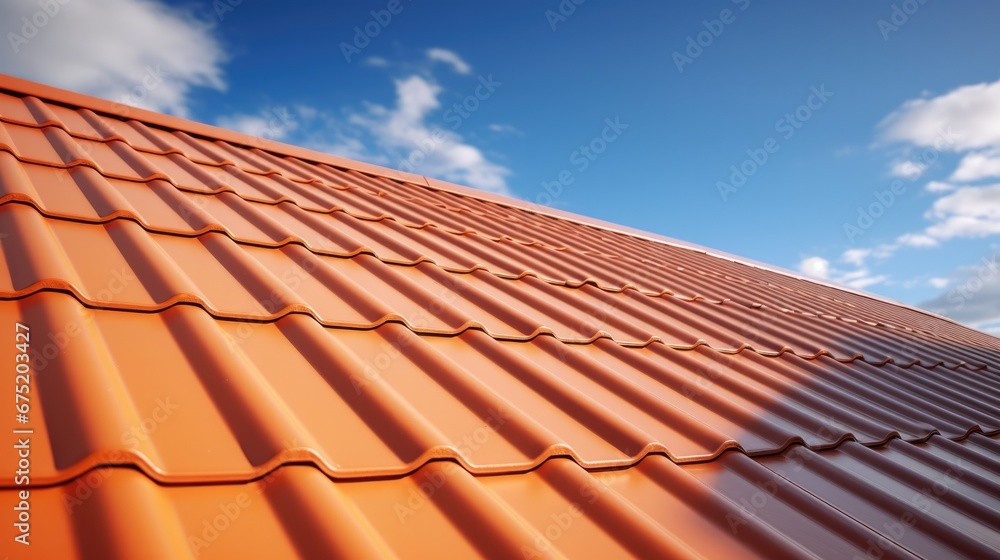 Roofs in sandwich panel of the house, Metal tiles. with blue sky in background. Roofs in sandwich panel of the house, Metal tiles. with blue sky in background.