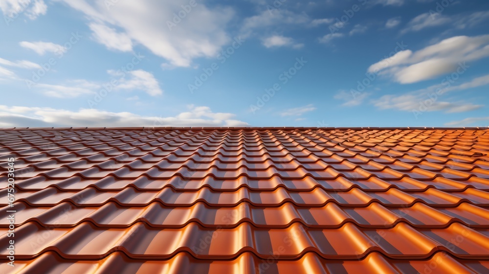 Roofs in sandwich panel of the house, Metal tiles. with blue sky in background. Roofs in sandwich panel of the house, Metal tiles. with blue sky in background.