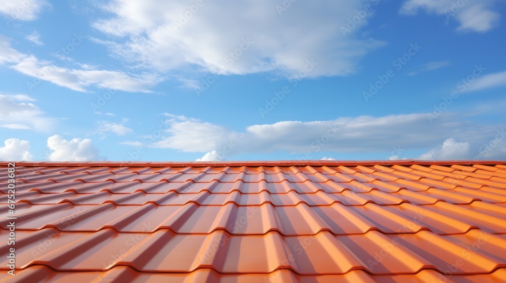 Roofs in sandwich panel of the house, Metal tiles. with blue sky in background. Roofs in sandwich panel of the house, Metal tiles. with blue sky in background.