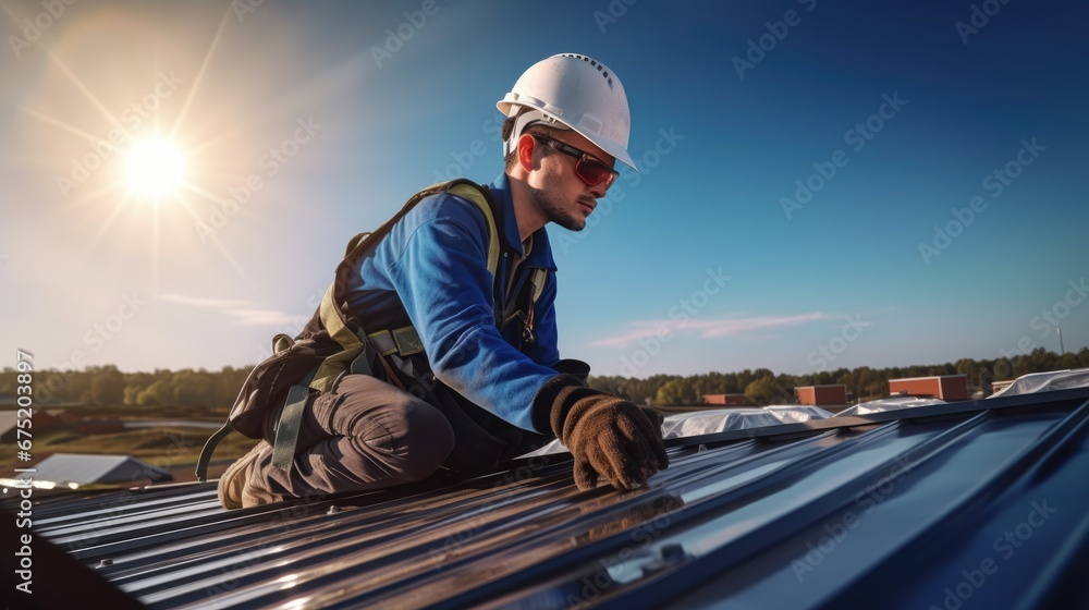 Professional worker man is fixing the metal tile roof. Professional worker man is fixing the metal tile roof.