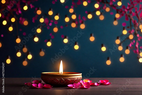 Beautiful diwali diya and burning candles on dark background