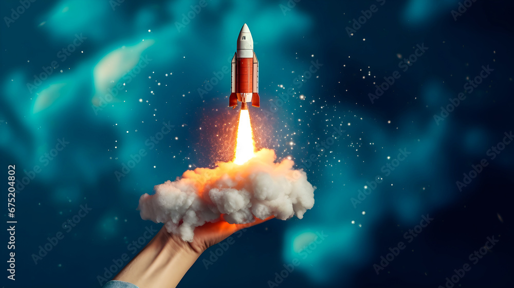 Cosmic Exploration Space Rocket Launching from Woman's Hand