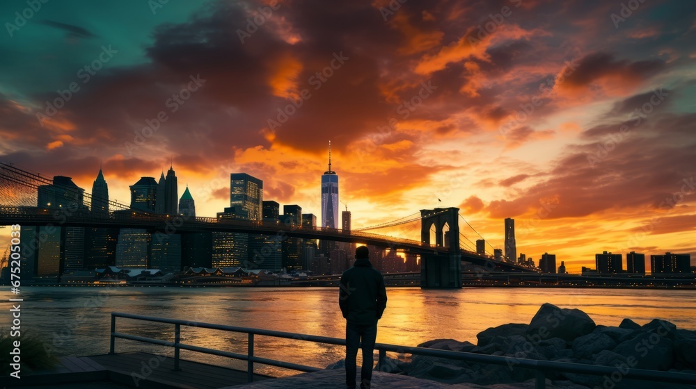 Obraz premium rearview of traveller male standing look at river with backgroundof downtow city urban modern building city with river sunset moment travel concept background