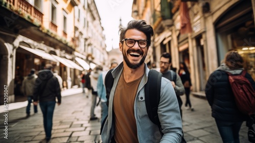 smiling male casual tourist traveller enjoy walking on street old town city in Europe daytime ,casual male travel influencer happiness spending time in old town famous destination