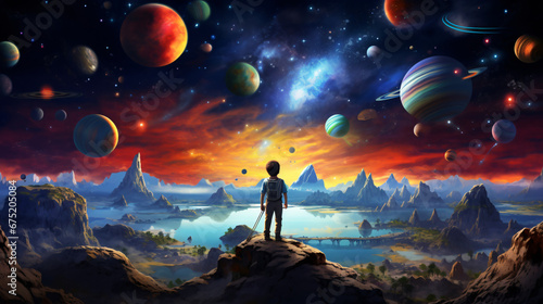 Childrens fantasy tale with planets and space