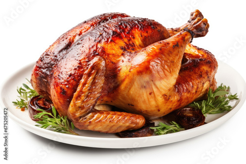 Whole roasted chicken on white background