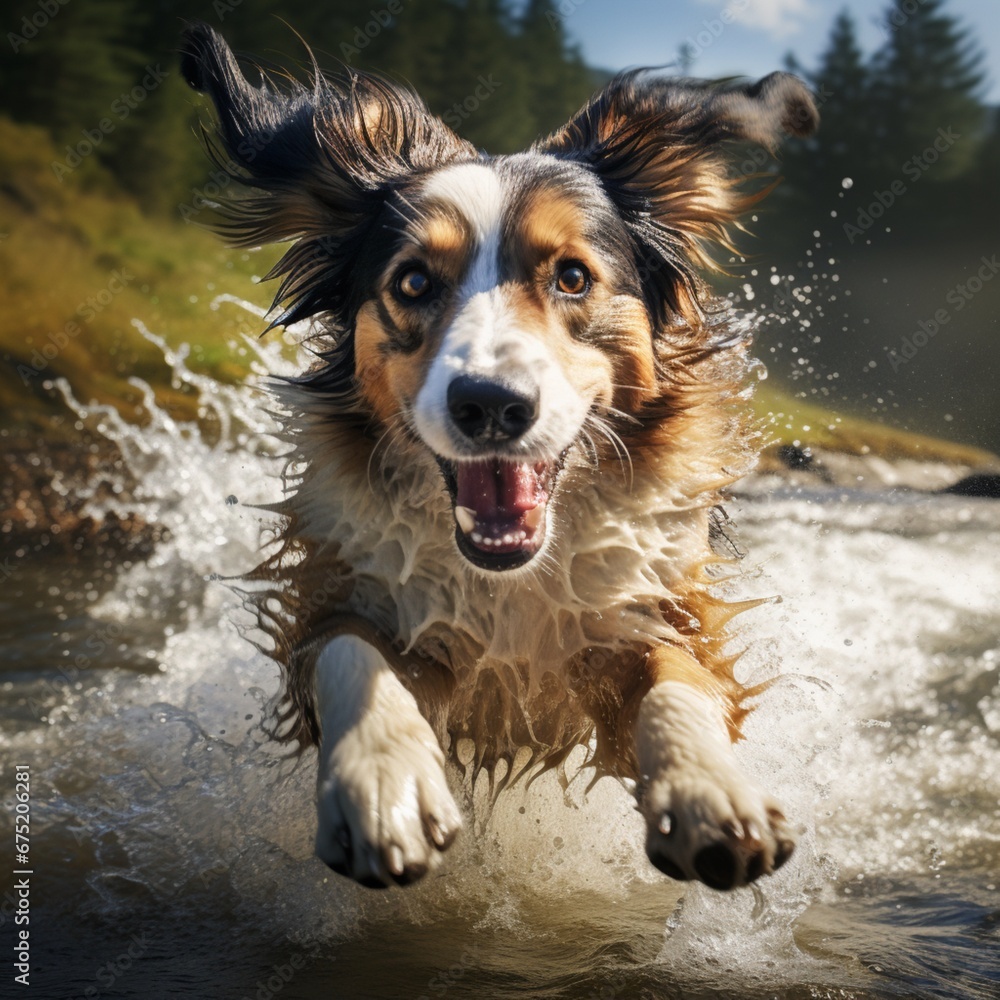 Beautiful picture of white and black mix dog jumping in the river Ai generated art Beautiful picture of white and black mix dog jumping in the river Ai generated art
