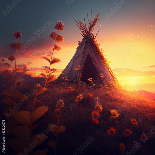 AI generated illustration of a scenic sunset with a traditional teepee structure in the foreground photo