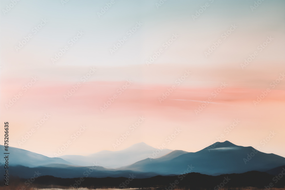 Pastel Dreams: Serene Horizon, Mountains, and Lake in Abstract Minimalist Landscape
