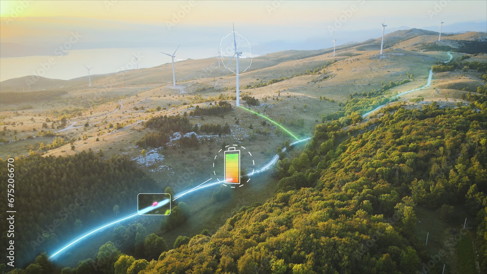 Wind turbines powering a electric car on a road highland road - 3d graphic - obrazy, fototapety, plakaty 