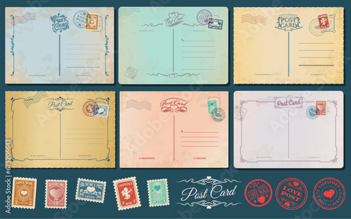 Valentine day antique postcards, retro postage stamps and vintage mail. Vector greeting card templates for celebration. Love mail postal service office. Marks with cupids hold bow and arrows, hearts