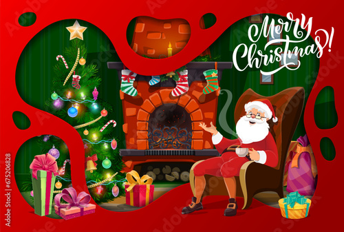 Christmas paper cut interior, Santa in chair near fireplace. Vector greeting card with 3d layered frame double exposition, Father Noel relax on armchair at home in festive night. Xmas eve celebration