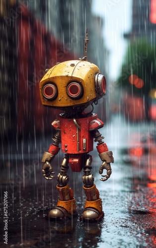 Cute little robot standing down rain illustration picture AI generated art