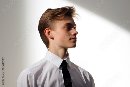 a young man in a white shirt and black tie