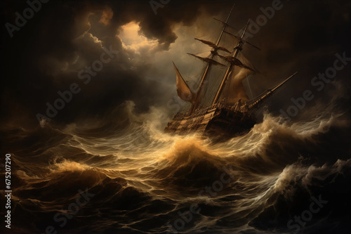 An Oil Painting Style Illustration of a Ship in a Storm Crashing Waves, Dark Artwork Hang in Stately Home or Gallery in Style of Constable, Turner, Gainsborough or From 15th, 16th, 17th, 18th Century photo