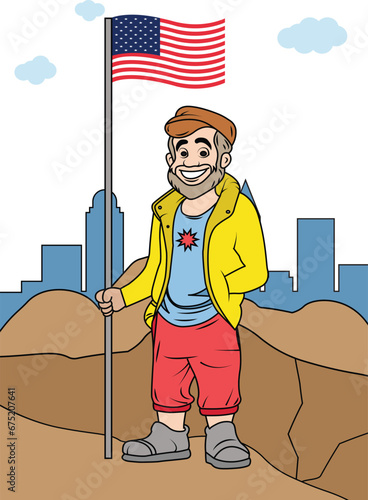 Common man standing on the mountain with flag. Vector Illustration. Leadership and Success business Man