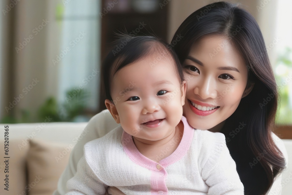 Beautiful young smiling asian mom hugs happy baby. Concept of family love and happiness. Generative AI Beautiful young smiling asian mom hugs happy baby. Concept of family love and happiness. Generative AI