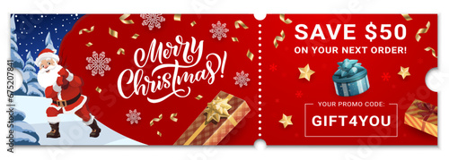 Christmas voucher with coupon, vector Xmas ticket template. Sale, discount gift card or certificate with cartoon Santa Claus pull huge presents bag. Isolated festive holiday cheque with promo code