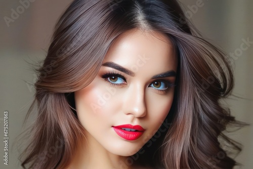 Portrait beautiful pretty brunette model woman with bright red lipstick on her lips. Generative AI