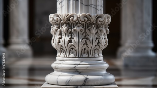 A flawless, hyper-realistic image of a majestic marble column with intricate carvings. The polished surface exudes elegance and grandeur, showcasing the strength and durability of the stone. This cla photo