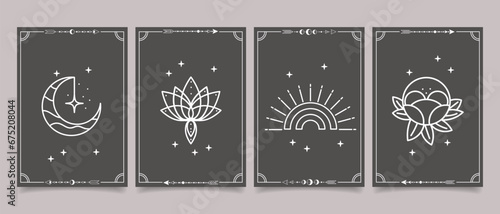 Set of esoteric mystical posters with spiritual symbols, moon, sun, stars. Templates on light and dark backgrounds, boho style. Vector