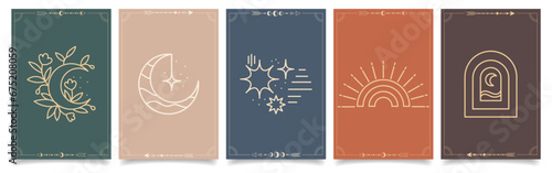 Set of esoteric mystical posters with spiritual symbols, moon, sun, stars. Templates on light and dark backgrounds, boho style. Vector