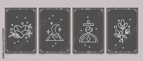 Set of esoteric mystical posters with spiritual symbols, moon, sun, stars. Templates on light and dark backgrounds, boho style. Vector