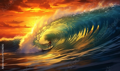 Surfer in ocean wave at sunset, Generative AI © Visual Odyssey