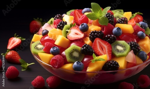 Fruit salad with fresh berries and fruits, Generative AI